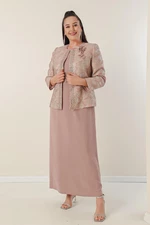By Saygı Long Sleeve Crepe Dress With Beaded Waist Beads and Jacquard Lined Jacket Plus Size 2-Piece Suit