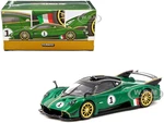 Pagani Huayra R 1 Verde Trifoglio Green Metallic with Black Top and Gold Stripes "Global64" Series 1/64 Diecast Model Car by Tarmac Works