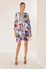 By Saygı Front Back V-Neck Waist Decollete Lined Floral Tiered Chiffon Long Dress Powder