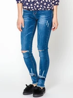 Jeans decorated with cuts on the knees and numerous abrasions navy blue