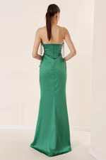 By Saygı Green Draped Lined Long Chiffon Dress with Shiny Drawstrings
