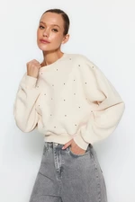 Trendyol béžová hrubá flísová mikina s kamennými detailmi, pravidelný/regularný pletený sveter