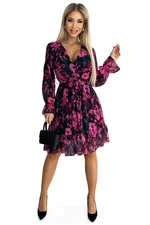 Chiffon dress with neckline, ruffles and belt Numoco