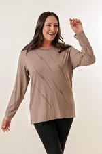 By Saygı Embroidered Collar Crisscross Front Stone Print Long Sleeves Plus Size Blouse