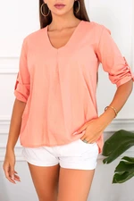 armonika Women's Salmon V-Neck Pleat Detailed Blouse with Epaulette Sleeves