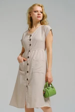armonika Women's Cream Patterned V-Neck Button Down Midi Length Dress