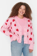 Trendyol Curve Pink Strawberry Patterned V Neck Knitwear Cardigan