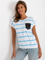 White-blue striped blouse with decorative pocket