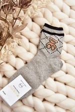Patterned Women's Socks With Teddy Bear, Grey