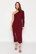 Trendyol Burgundy Asymmetric Collar Fitted Slit Detailed Midi Knitted Dress