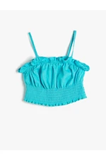 Koton A Linen Crop Blouse With Straps, Frilled Gipe Detail.