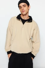 Trendyol Beige Men's Oversized Half-Zip Stand-Up Collar Color Block Fleece Sweatshirt.