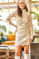 Olalook Women's Stone Textured Knitwear Dress with Sleeves and Skirt