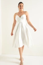 Lafaba Women's White Rope Strap Waist Belted Satin Midi Plus Size Evening Dress Lafaba Women's White Rope Strap Waist Belted Satin Midi Plus Size Evening Dress