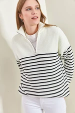 Bianco Lucci Women's Turtleneck Zippered Stripe Knitwear Sweater