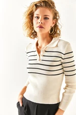 Olalook Women's Ecru Black Buttons Striped Detailed Knitwear Blouse