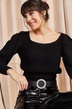 Olalook Women's Black Tie Back Sweater with Pompoms Sleeves