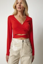 Happiness İstanbul Women's Orange Tie-Down Collar Crop Blouse