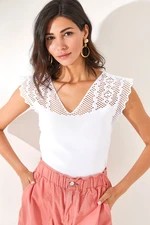 Olalook Women's White Front Back V Openwork Knitwear Blouse