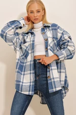 Trend Alaçatı Stili Women's Indigo Checked Patterned Cachet Cotton Oversized Safari Jacket Shirt