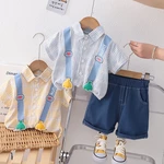 Baoyou Boys' Fashionable Summer Set 2023 Baby Print Checkered Shirt Short Sleeve Fashion Set