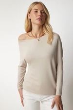 Happiness İstanbul Women's Beige Boat Collar Knitwear Blouse