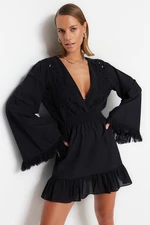 Trendyol Čierne mini tkané čipkované plážové šaty, 100% bavlna