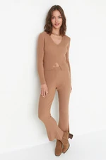 Trendyol Camel V-Neck Knitwear Top and Bottom Set