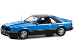 1981 Ford Mustang Cobra T-Top - Medium Blue with Light Blue Cobra Hood Graphics and Stripe Treatment 1/18 Diecast Model Car by Greenlight