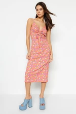 Trendyol Pink Floral Print Crepe Knitted Midi Dress with Open Waist/Skater Straps