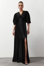 Trendyol Black Lace Detailed Satin Long Evening Dress
