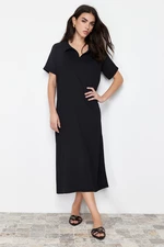Trendyol Black Polo Neck Short Sleeve Midi Crepe/Textured Knitted Dress