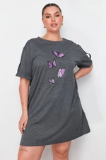 Trendyol Curve Anthracite Butterfly Print Knitted T-shirt Dress