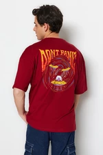 Trendyol Claret Red Men's Oversize/Wide Cut Crew Neck Short Sleeve Space Printed 100% Cotton T-Shirt.