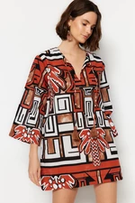 Trendyol Tropical Wzorzysta Szeroka Krój Mini Tkana 100% Bawełniana Sukienka Plażowa