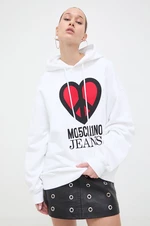 Bavlněná mikina Moschino Jeans dámská, bílá barva, s kapucí, s potiskem