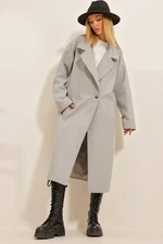 Trend Alaçatı Stili Women's Gray Double Breasted Collar Double Pocketed Lined Stamped Coat