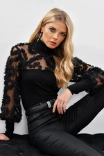 Cool & Sexy Women's Black Tulle Sleeves With Frills Accessorized Blouse BK894