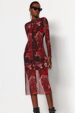 Trendyol Brown Printed, Tulle Lined, Fitted Midi Knitted Dress