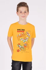 zepkids Chlapčenské Horčicovožlté Tričko s Potlačou Hrajúcich Rúk a Okrúhlym Výstrihom