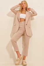 Trend Alaçatı Stili Women's Beige Single Button Lined Jacket and Pants Suit