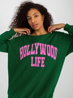 Dark green and pink oversize long sweatshirt with slogan