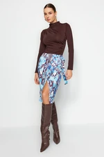 Trendyol Blue Double-breasted Closed Printed Knit Skirt