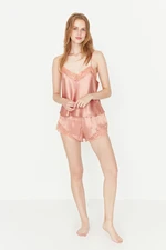 Trendyol Salmon Lace Detailed Satin Undershirt-Short Woven Pajamas Suit