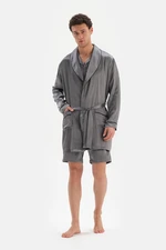 Dagi Gray Shawl Collar Jacquard Satin Groom Dressing Gown