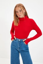 Trendyol Red Fitted/Situated Turtleneck Toe Detail Ribbed Stretch Knit Blouse