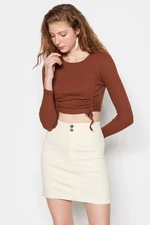 Trendyol Brown Smocking Detail Fitted Crop Crew Neck Ribbed Cotton Stretch Knitted Blouse