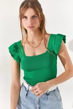 Olalook Women's Grass Green Frilled Sleeves Summer Knitwear Blouse