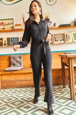 Olalook Women's Black Shirt Collar Belted Soft Textured Playsuit