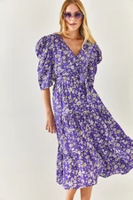 Olalook Women's Purple Double Breasted Collar Belted Woven Viscose Dress